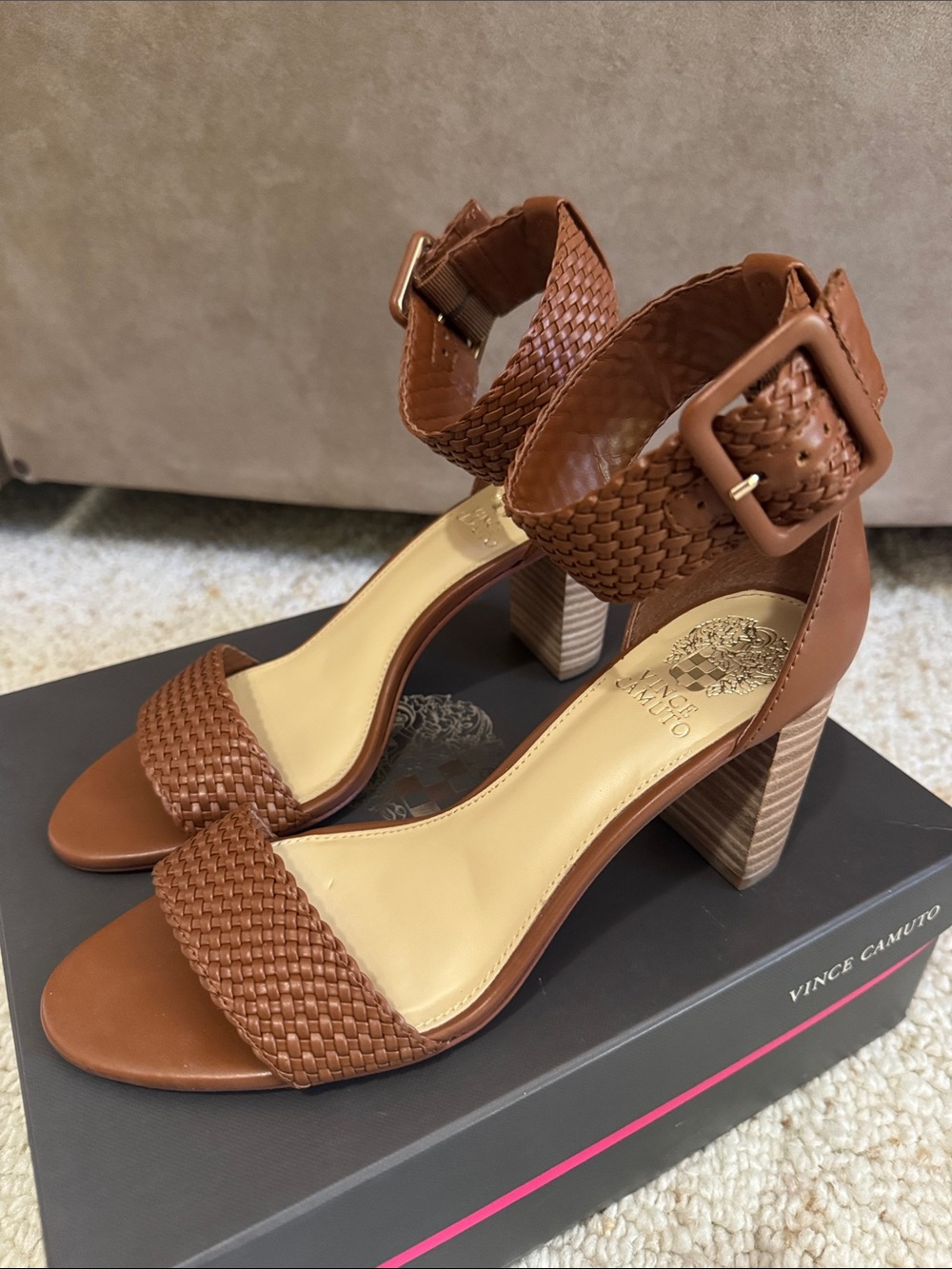 Vince Camuto Cognac Woven Ankle-Strap Block Heel